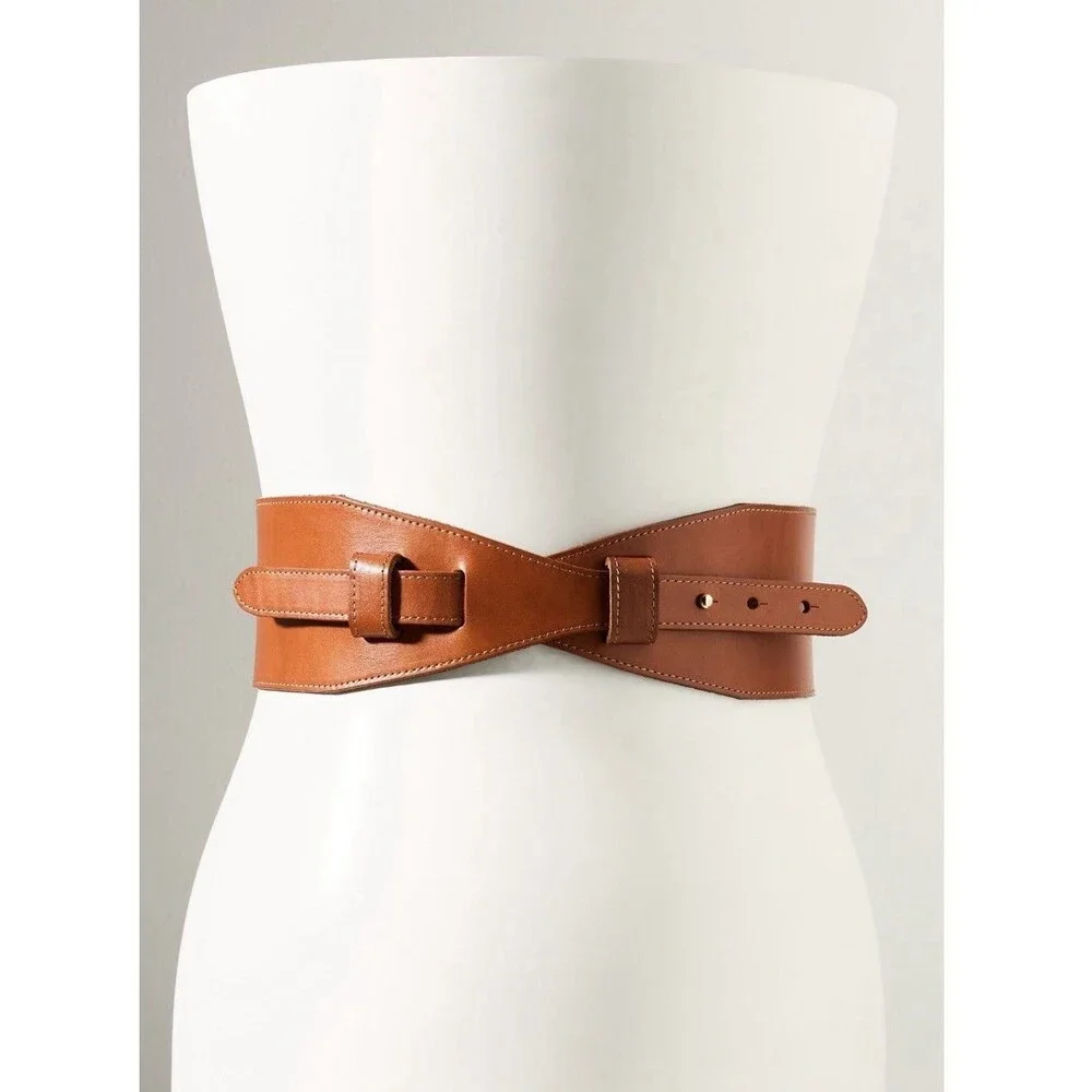 ANTHROPOLOGIE New SMALL Wide Corset Curved Belt GENUINE LEATHER WaistStyle Cedar